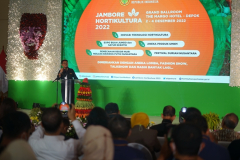 Menteri Pertanian Republik Indonesia Prof. Dr. H. Syahrul Yasin Limpo, S.H., M.Si., M.H. saat membukan acara jambore hortikultura pada Jumat, 2 Desember 2022 di Grand Ballroom, The Margo Hotel, Depok