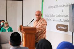 Rektor Unas Dr. El Amry Bermawi Putera, M.A. menyampaikan sambutan dalam acara Penandatanganan MoU UNAS dan Baznas diruang Exhibition Unas, Rabu, 8 Februari 2023