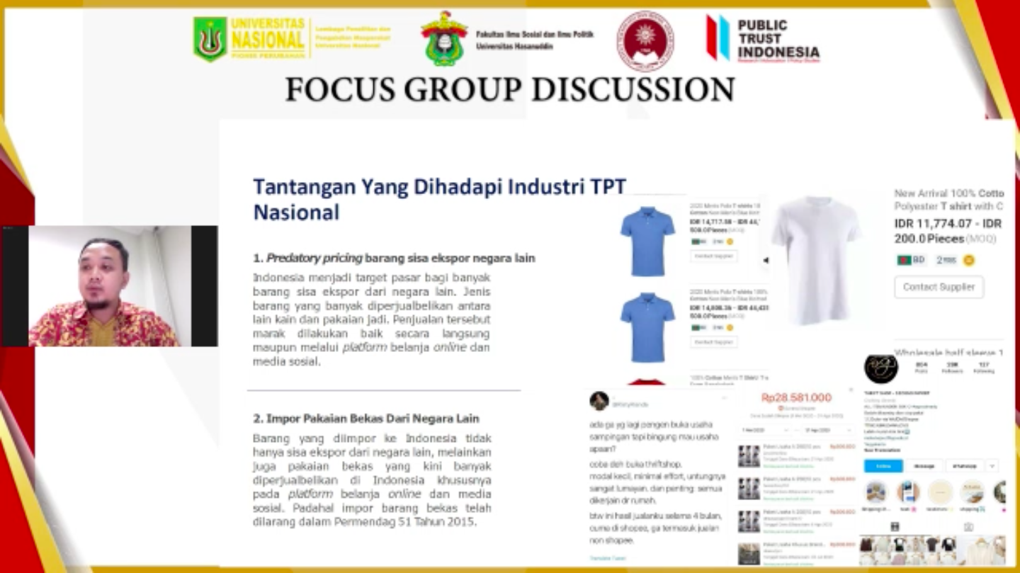 Materi oleh Rizal Tanzil Rakhman pada kegiatan FGD Pusat Kajian Sosial Politik FISIP Universitas Nasional tema "Kebangkitan Industri Tekstil Indonesia" pada hari Kamis, 1 Juli 2021