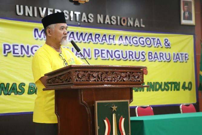 Sambutan Ketua Panitia musyawarah anggota dan pengukuhan pengurus baru Ikatan Alumni Teknik Fisika (IATF) Unas, Ir. Yusuf Maladi