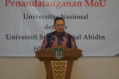 Rektor UniSZA Profesor Dr. Fadzli Adam sedang memberikan sambutannya dalam kegiatan  Penandatanganan MoU antara Universitas Nasional dengan Universitas Sultan Zainal Abidin,  di Exhibition Room, Senin, 5 Juni 2023