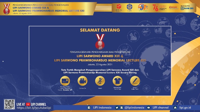 Acara Penganugerahan LIPI Sarwono Award XIX tahun 2021 kepada Guru Besar Universitas Nasional, Prof. Dr. Endang Sukara pada bidang Mikrobiologi