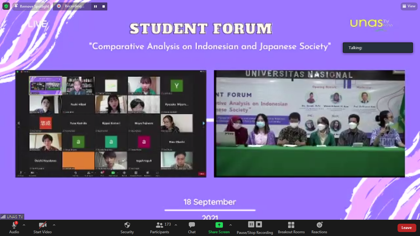 Webinar Student Forum “Comparative Analysis on Indonesian and Japanese Society” yang diselenggarakan Prodi Sastra Jepang pada Sabtu, 18 September 2021 melalui zoom meeting