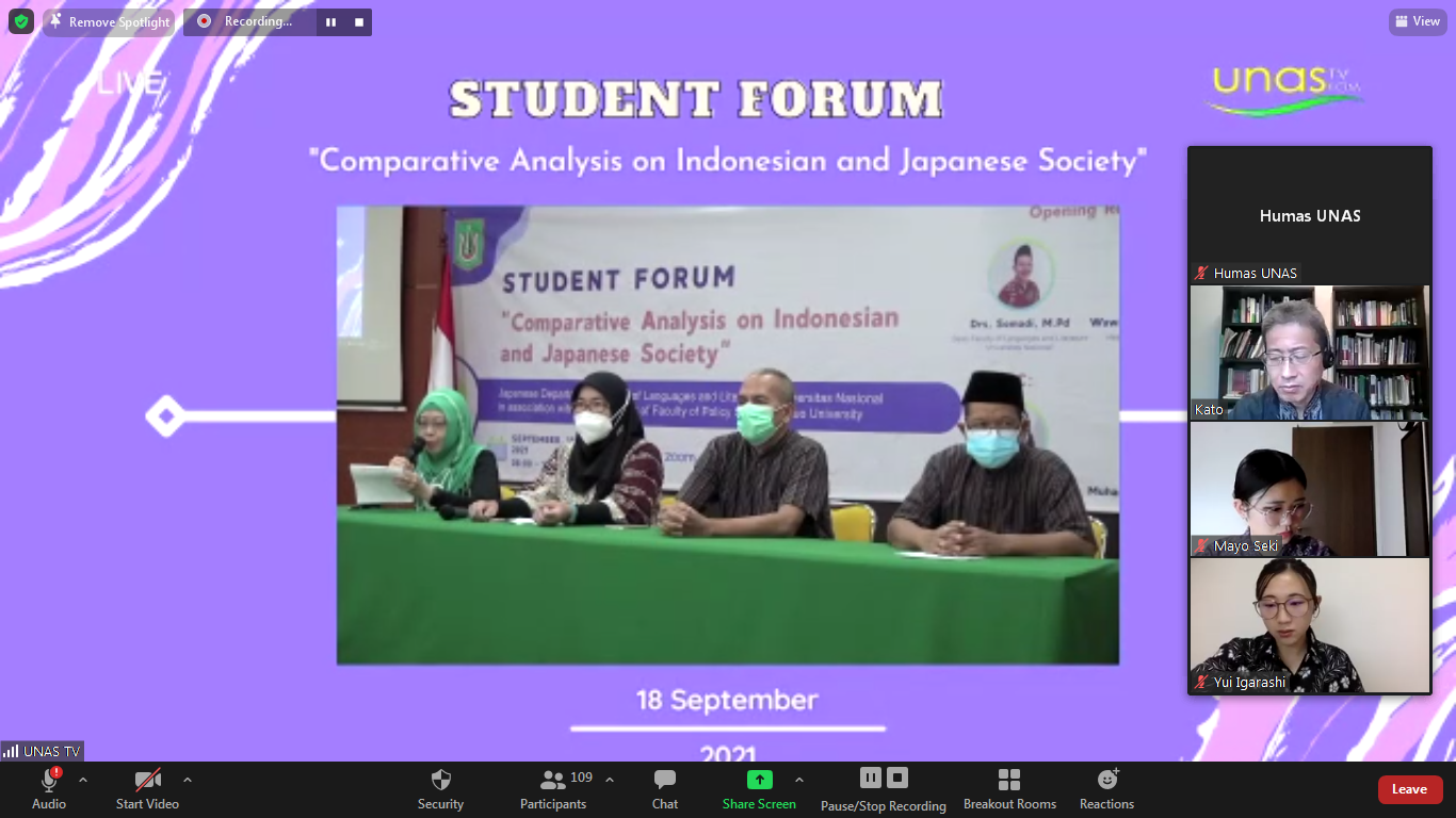 Webinar Student Forum “Comparative Analysis on Indonesian and Japanese Society” yang diselenggarakan Prodi Sastra Jepang pada Sabtu, 18 September 2021 melalui zoom meeting