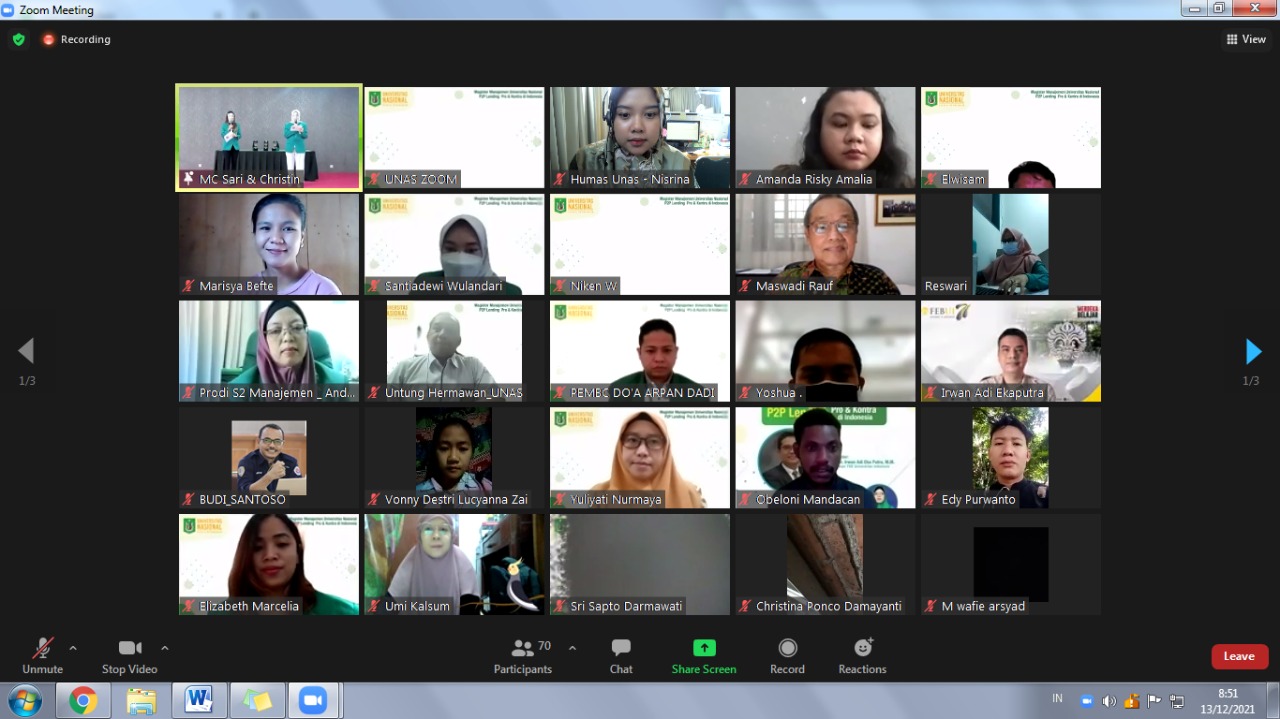 Peserta yang tergabung dalam zoom meeting dalam kegiatan webinar P2P Lending Pro dan Kontra di Indonesia secara virtual
