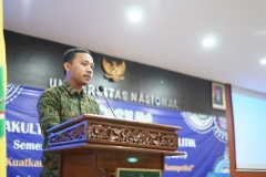 Sambutan Ketua  Pelaksana yudisium FISIP Angga Sulaiman, S.I.P., M.Si. Di Auditorium blok 1 lantai 4 Universitas Nasional, Senin (15/4)