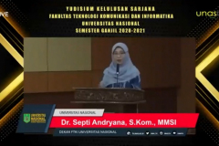 Dr. Septi Andryana, S.Kom., MMSI., selaku Dekan FTKI UNAS saat memberikan kata sambutan pada Yudisium semester ganjil 2020/2021