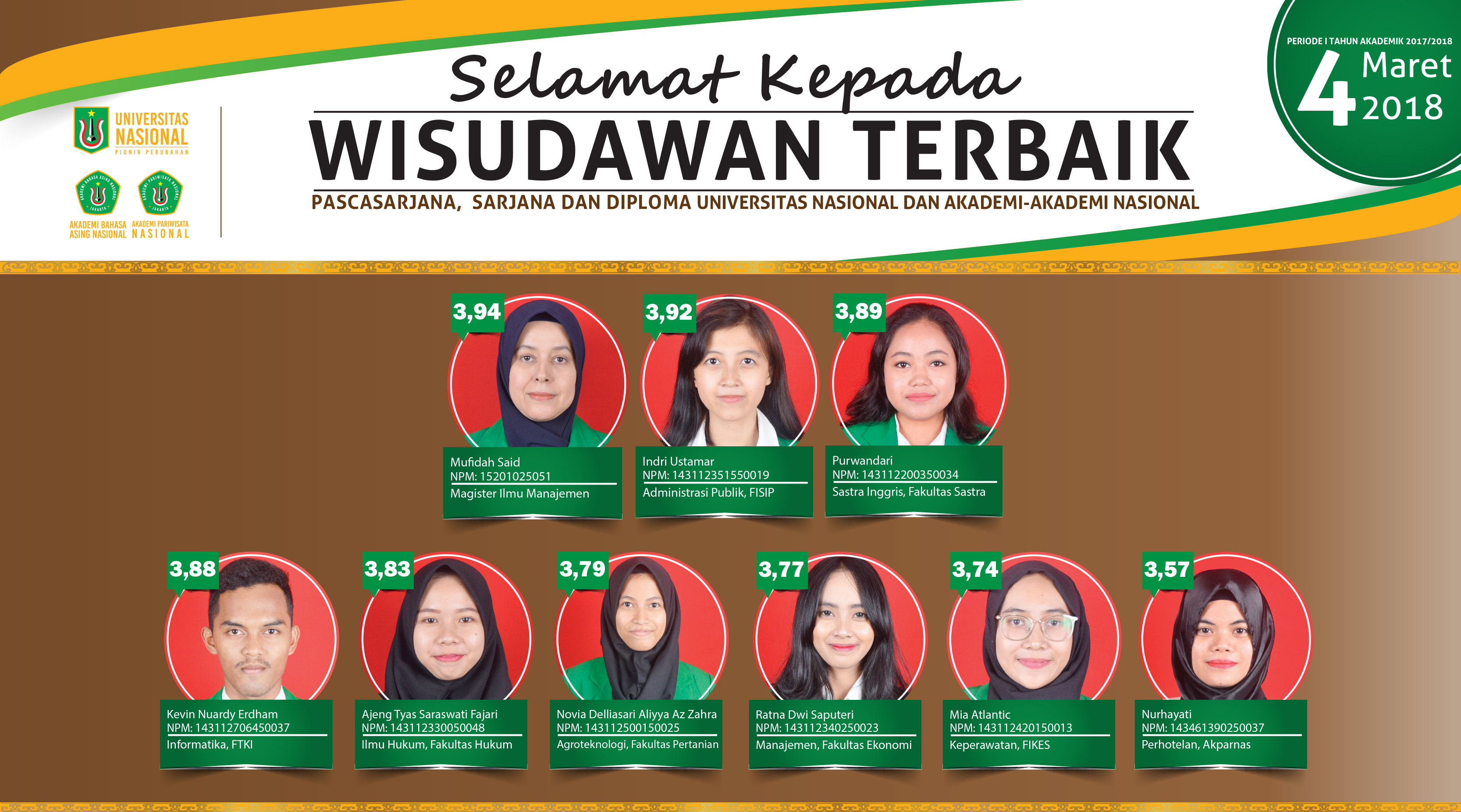 WISUDAWAN TERBAIK PERIODE I TAHUN AKADEMIK 2017/2018 