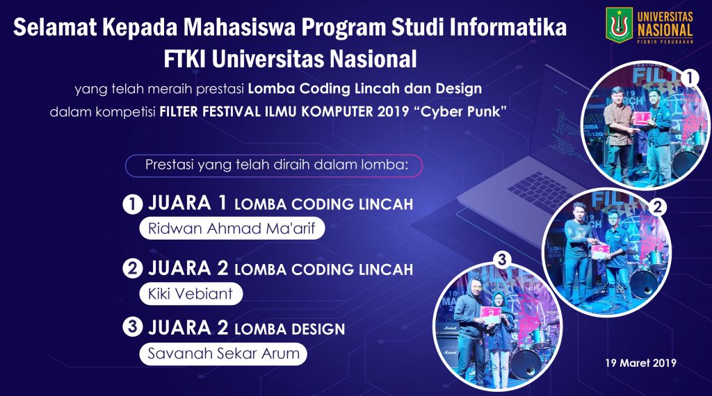 Mahasiswa UNAS FTKI Program Studi Informatika Raih Juara dalam Kompetisi Filter Festival Ilmu Komputer 2019