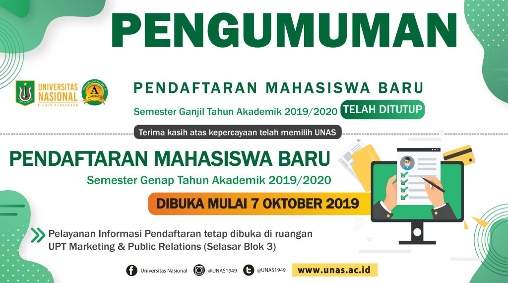 Pendaftaran Mahasiswa Baru Semester Genap Tahun Akademik 2019/2020 DIBUKA MULAI 7 OKTOBER 2019