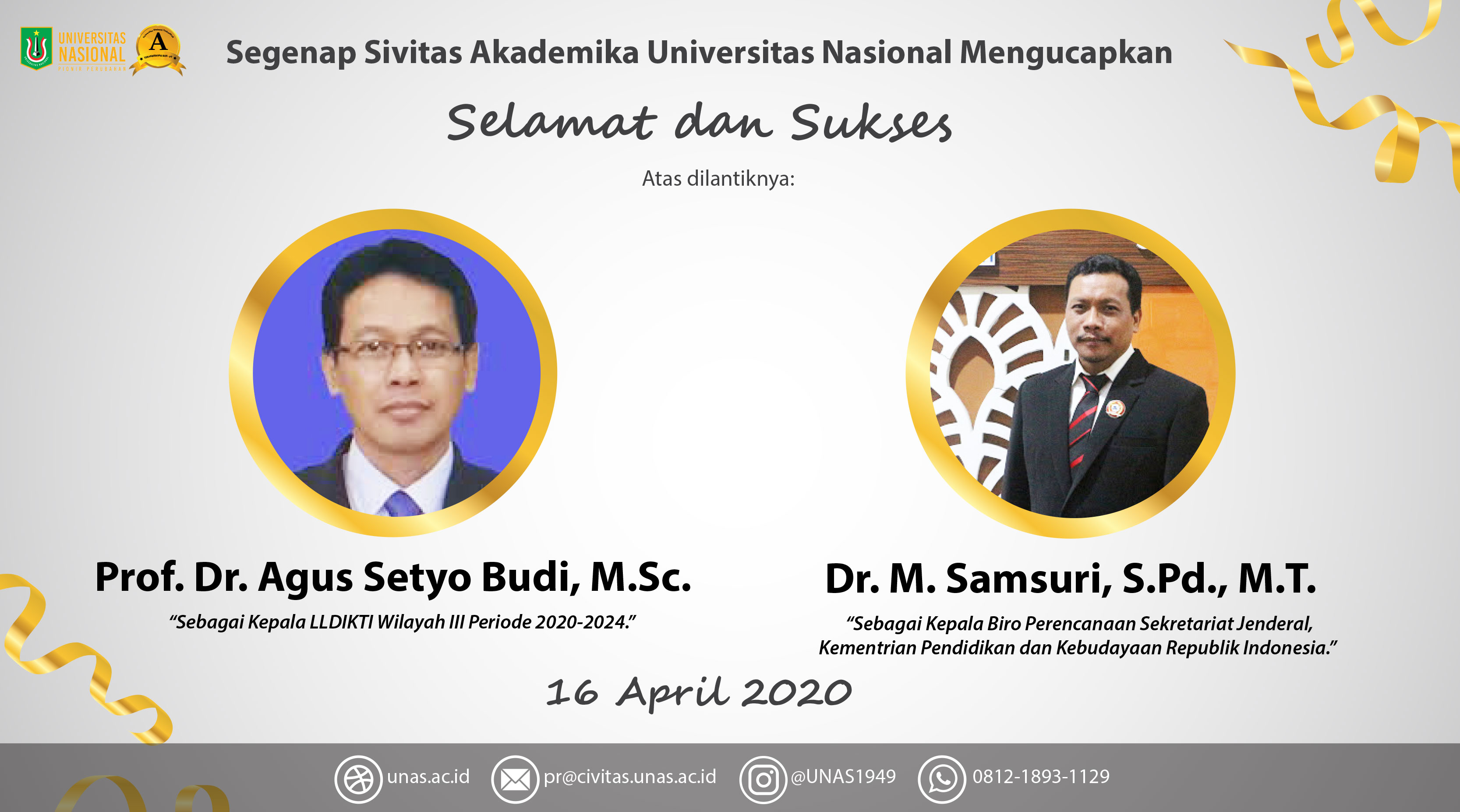 Selamat Dan Sukses untuk Prof. Dr. Agus Setyo Budi, M.Sc. dan Dr. M. Samsuri, S.Pd., M.T.