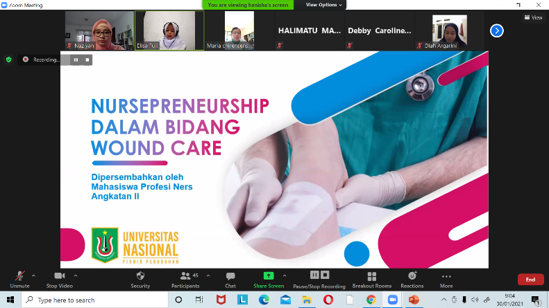 Webinar Keperawatan Luka "‘Nursepreneurship Dalam Bidang Wound Care’ melalui aplikasi zoom pada Sabtu 30 Januari 2021