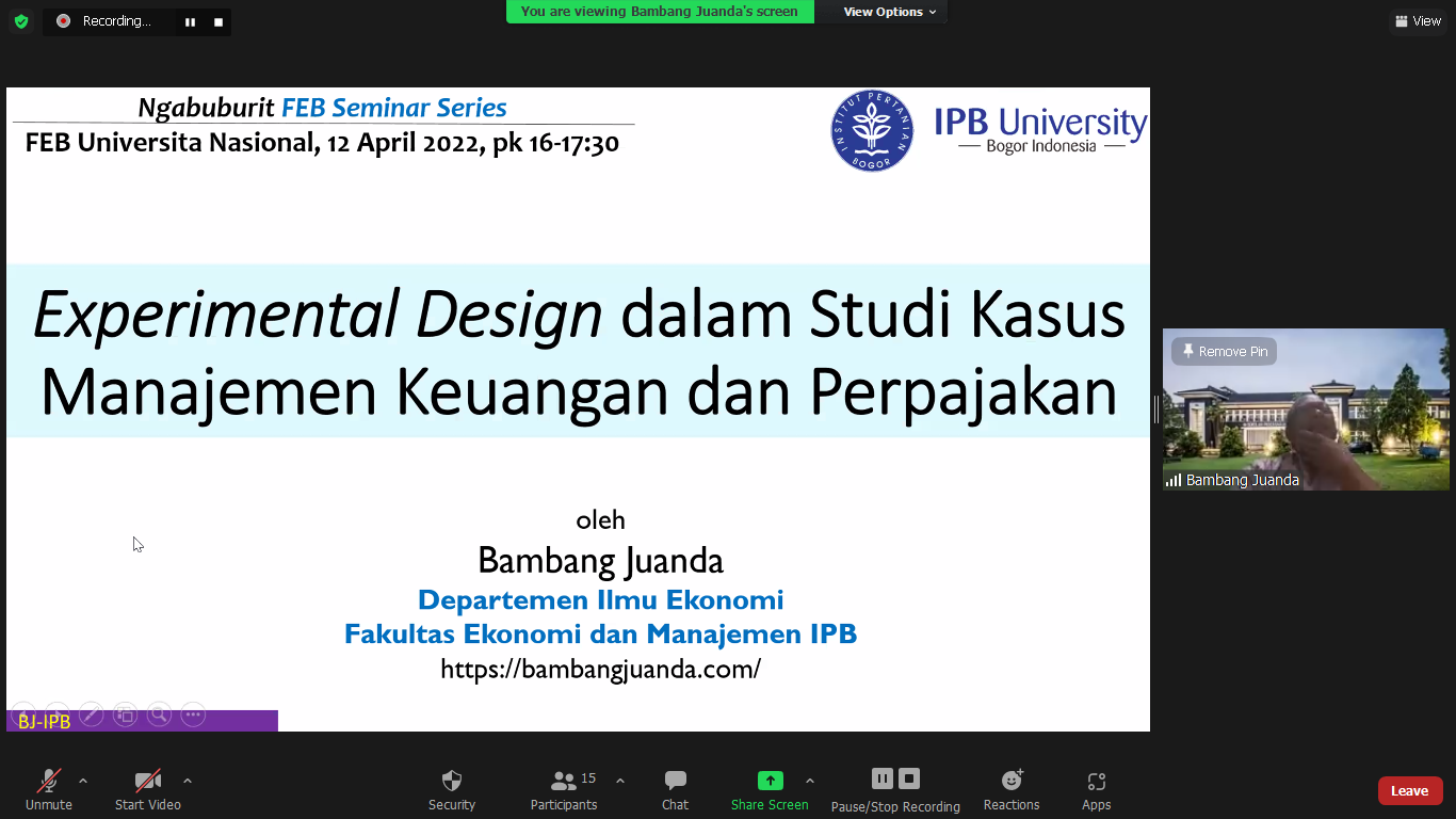 Bahas Exsperimental Design Dalam Manajemen Keuangan dan Perpajakan, FEB Unas Undang Profesor FEM IPB