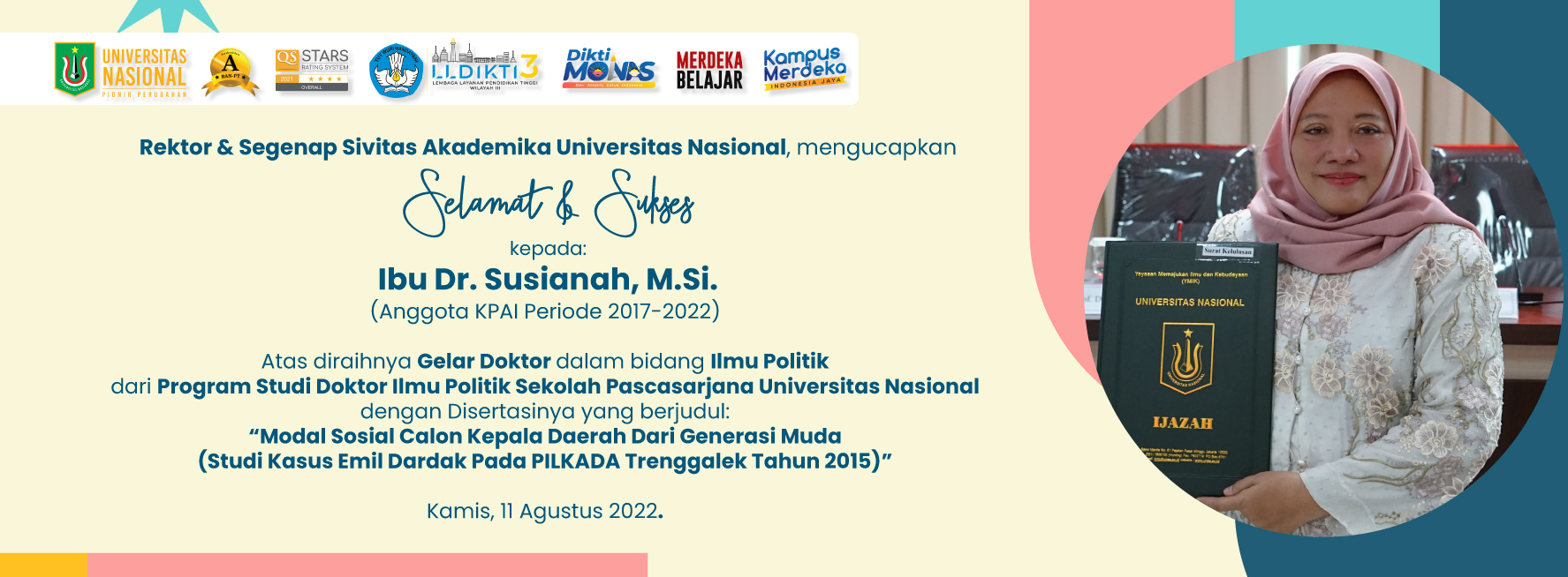 Selamat dan Sukses Kepada Ibu Dr. Susianah, M.Si., Atas Diraihnya Gelar Doktor Ilmu Politik