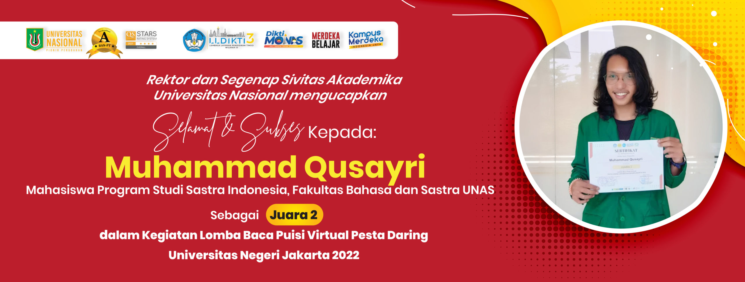 Prestasi Sdr. Muhammad Qusayri Mahasiswa Program Studi Sastra Indonesia, FBS UNAS