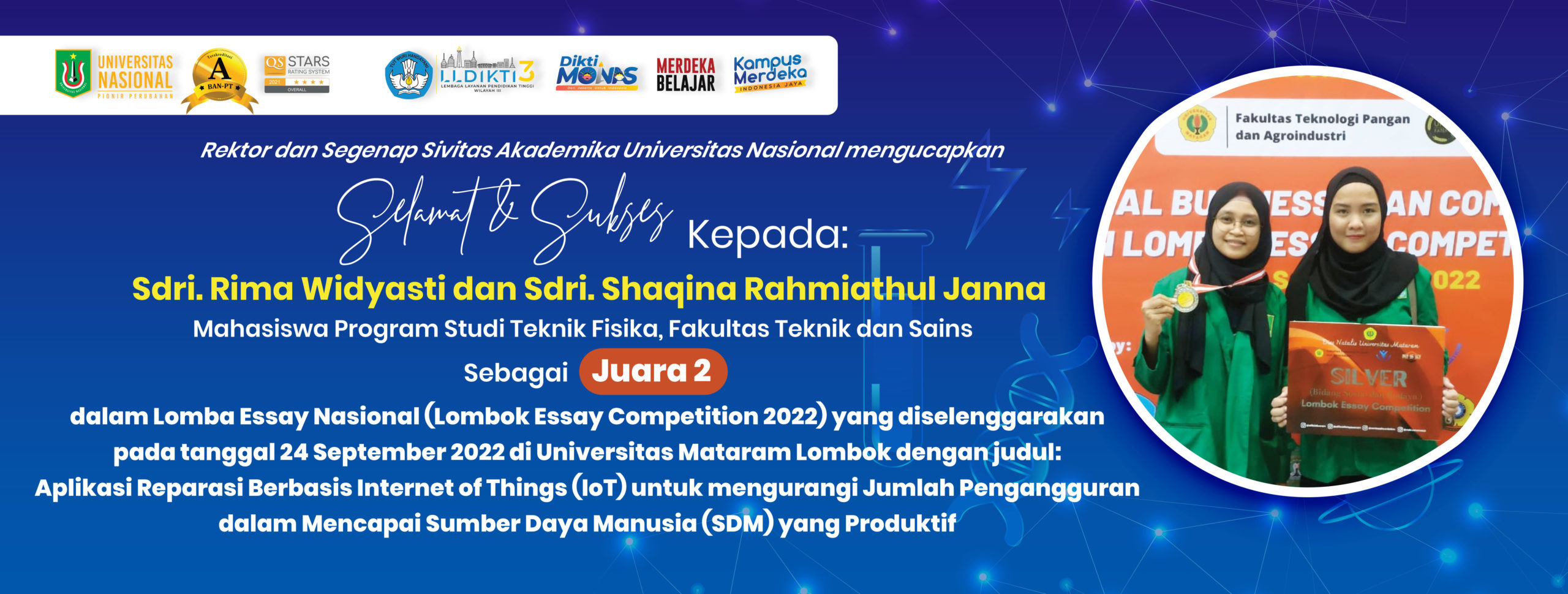 Prestasi Sdri. Rima Widyasti dan Sdri. Shaqina Rahmiathul Janna Mahasiswa Program Studi Teknik Fisika, Fakultas Teknik dan Sains