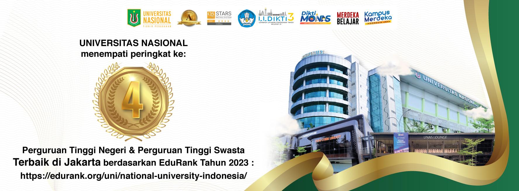 Universitas Nasional Peringkat Ke-4 Perguruan Tinggi Negeri Dan Perguruan Tinggi Swasta Terbaik Se-DKI Jakarta Tahun 2023